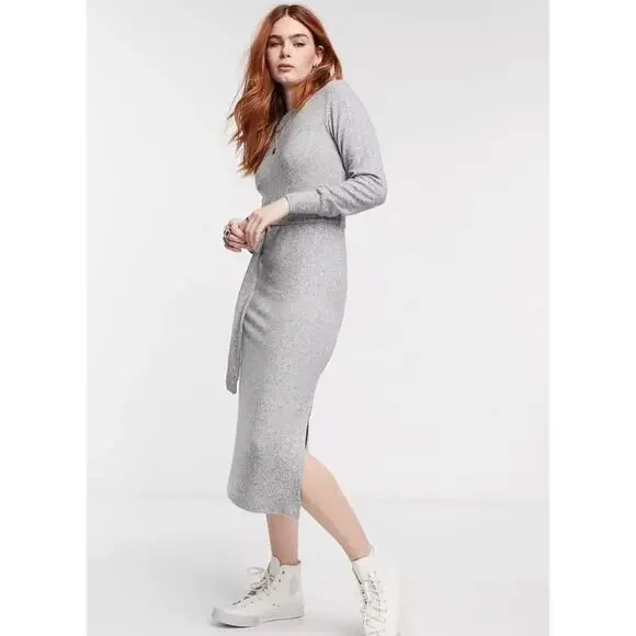 NWOT Topshop Long Sleeve Knit Midi Dress in Heather Gray - Picture 1 of 14